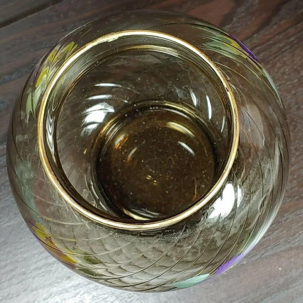 Hand Painted Floral Swirl Ribbed Gold Rim Brown Glass Vase Vintage Local Artist